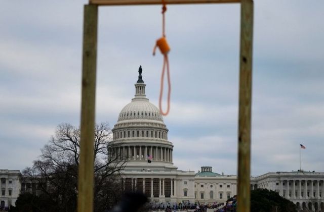 Shot of U.S. Capitol building with a noose in the forefront, part of the Capitol Riots which took place on Jan. 6, 2021, in Washington, DC