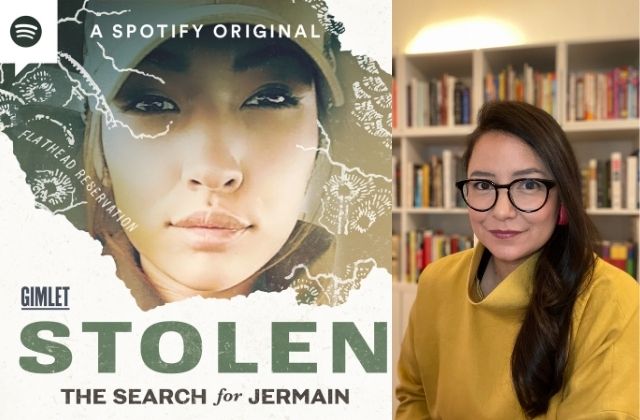 Show Art for the podcast "Stolen: The Search for Jermain" next to an image of investigative reporter and podcast host, Connie Walker