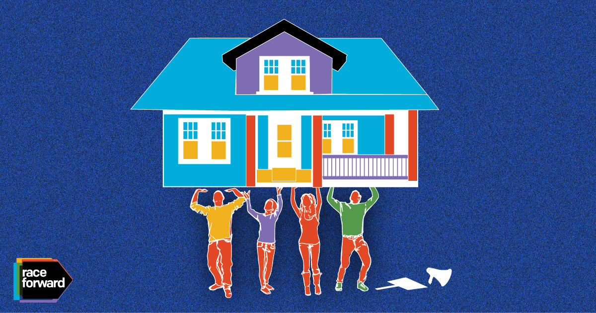 a graphic of 4 people holding up a house