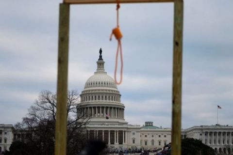 Shot of U.S. Capitol building with a noose in the forefront, part of the Capitol Riots which took place on Jan. 6, 2021, in Washington, DC