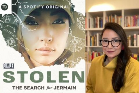 Show Art for the podcast "Stolen: The Search for Jermain" next to an image of investigative reporter and podcast host, Connie Walker