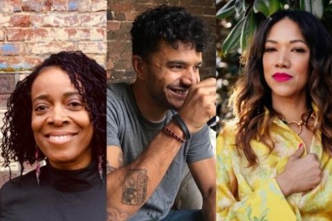 A side-by-side image featuring three poets: Yona Harvey, Ray Antrobus and Tiana Clark