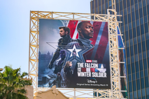A billboard for the Disney+ series, The Falcon and the Winter Soldier. From left to right, Sam Wilson/Falcon (Anthony Mackie) and James Buchanan "Bucky" Barnes/Winter Soldier (Sebastian Stan)